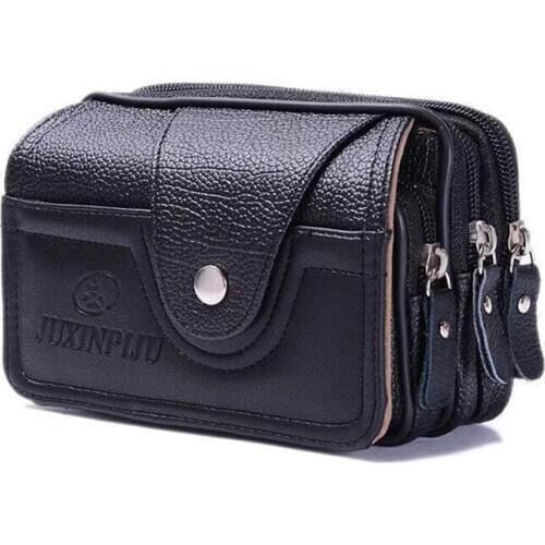 Man Waist Bag Three Layers PU Leather Zipper Waterproof Cell Phone Bag Fashion Solid Color Male Bum Pouch
