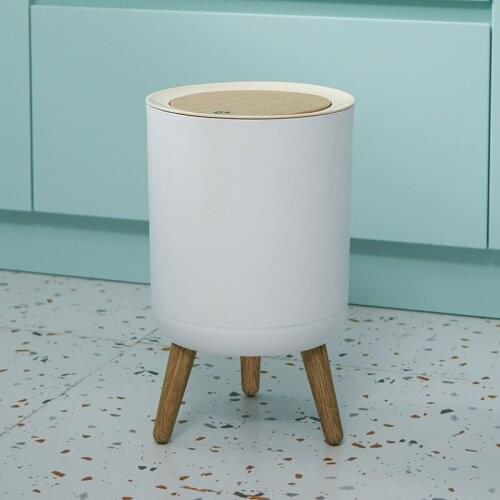 Japanese high foot dustbin household kitchen toilet Hotel wood grain pressing plastic dustbin with cover