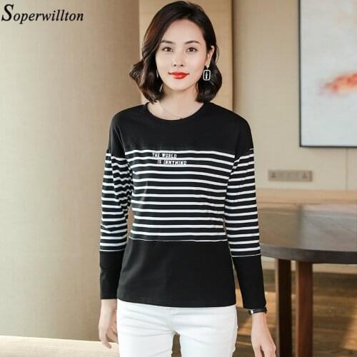 Women Long Sleeve T Shirt Striped 2021 Cotton Tshirt Lady Top Tee Camisetas Feminina Loose Patchwork Letter Print Black White
