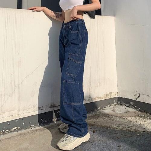 Womens jeans long pants loose straight with big pockets cool hip hop style denim trousers fashion girls autumn bottoms clothes