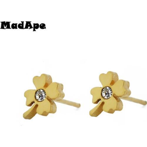 MadApe 316L Stainless Steel Lucky Clover Earrings For Women Fashion Gold Small Stud Earrings Anti Allergic Ear Bijoux Joyeria