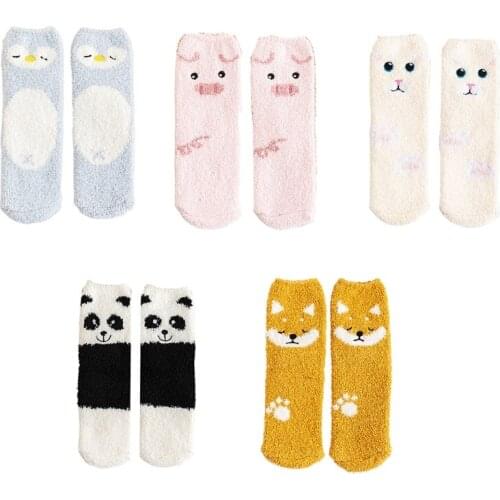 68UA Women Cartoon Animal Winter Fuzzy Slipper Socks Cute Panda Penguin Warm Hosiery