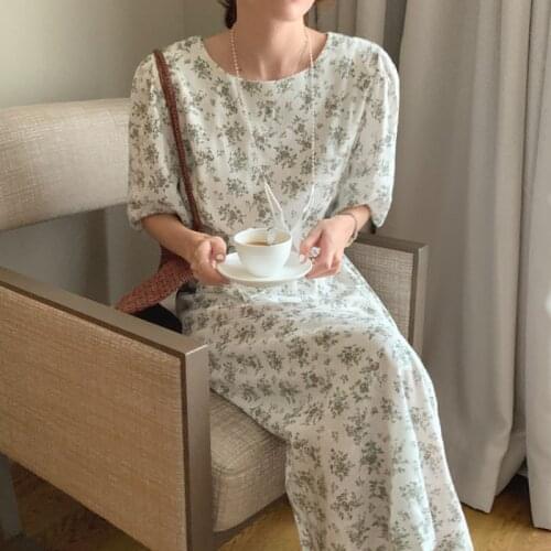 2021 New Women Summer Vintage Long Floral Dress Sashes Half Sleeve Slim Pullover Maxi Sundress