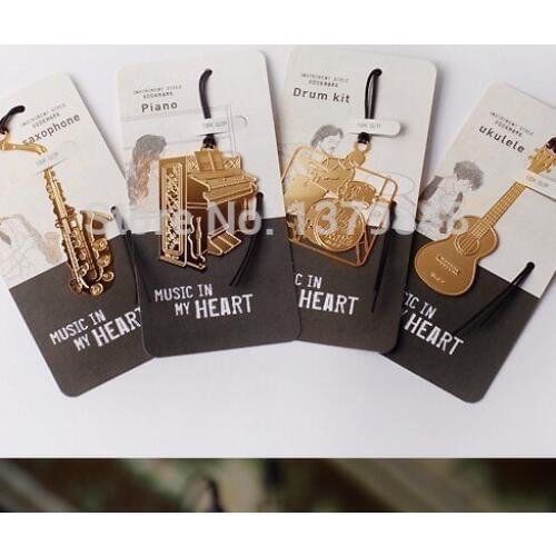 4PCS/LOT 4 Style Cute Kawaii Golden Metal Music Bookmarks Piano Guitar Trumpet Designs Book marks