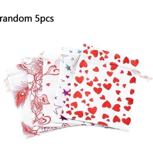 5pcs Random Color Eco-friendly And Beautiful Valentines Day Double Drawstring Linen Gift Drawstring Pocket Gift Packaging Bag