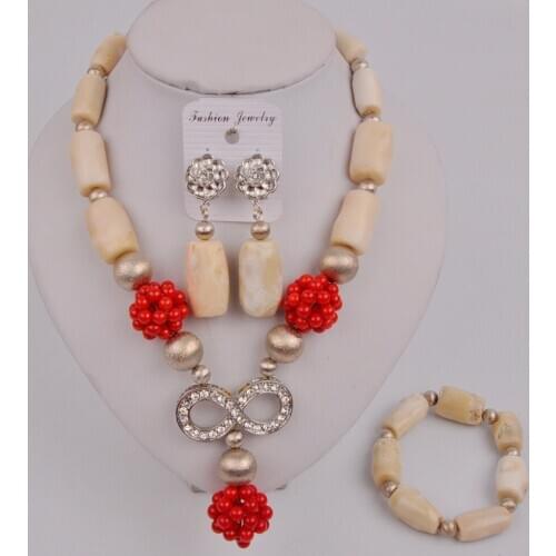 Latest White and Red Coral Beads African Jewelry Set Nigerian Wedding Coral Necklace 12-D-03