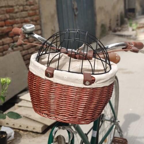 Bicycle Rattan Basket Cat Dog Bicycle Storage Basket Handwoven Pet Seat Front Handlebars Carrier