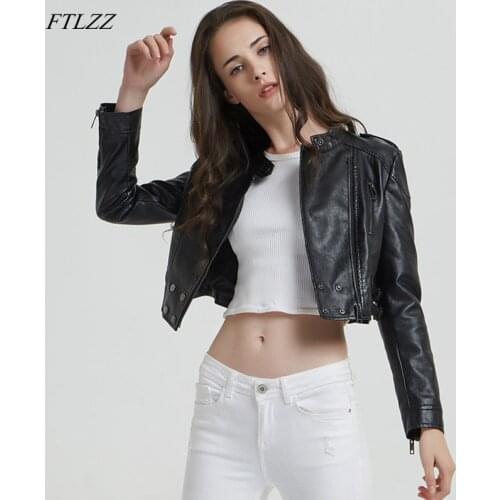 FTLZZ Women Faux Leather Jacket Spring Leather Clothing Womens Short Design Slim Pu Leather Coat Long Sleeve Black Jackets