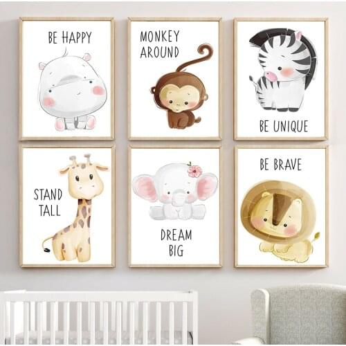 Cute Jungle Animal Monkey Giraffe Lion Elephant Nordic Posters And Prints Wall Art Canvas Painting Wall Pictures Kids Room Decor