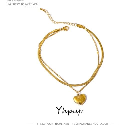 Yhpup Trendy Layered Heart Gold Anklet for Women Stainless Steel Chain 18 K Summer Jewelry New Leg On Foot Sandy Beach Anklets