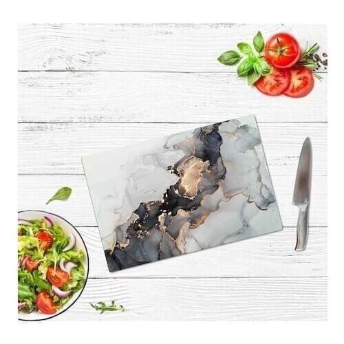 Marble Looking Glass Cutting Board Black Pattern Gold Printed Turkish Kitchen Tools 29 X34 Size Antibacterial Heat Resistant
