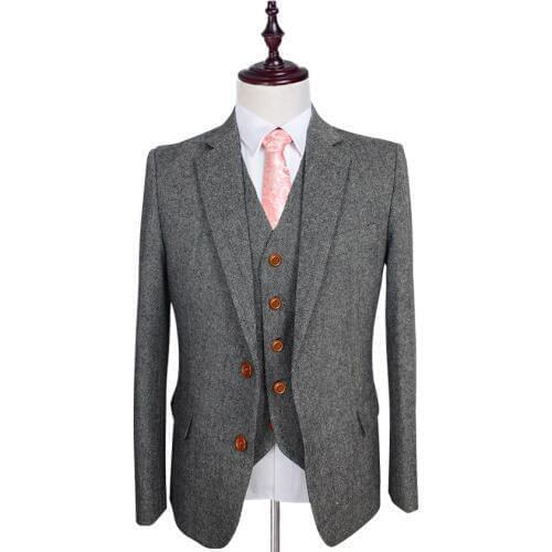 Retro gentleman style Man Suits Grey Classic Tweed tailor wedding suits for men custom made Wool blazer mens 3 pieces suit