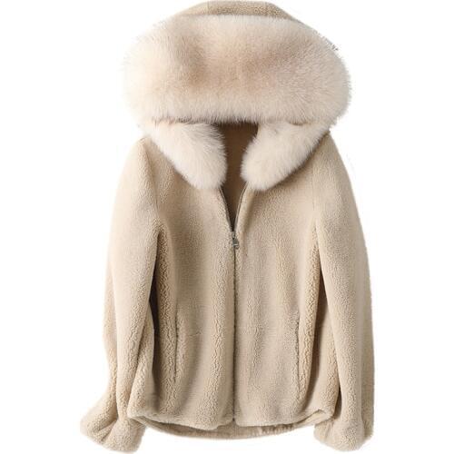 2020 new winter big fur collar granule sheep shearing coat Korean version of the long hooded fur coat large size