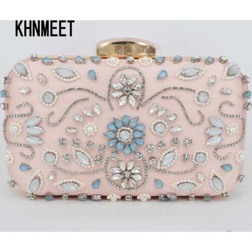 Light Pink Satin Luxury Crystal Pearl beaded Clutch Bag Women Chain Evening Bag Cheap Wholesale Wedding Purse Female Handbag Z94