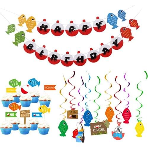 26pcs/Set Gone Fishing Theme Party Spiral Decoration Party Fish Banner Cake Topper for Birthday Ornament
