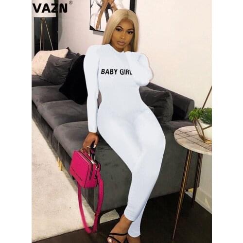 VAZN 2020 Elegant Letter High neck Rompers Womens Jumpsuit Sexy Fashion Full Sleeve Shinny Bandage Jumpsuits