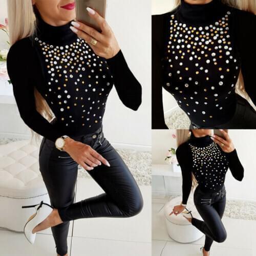Women Turtleneck T-Shirt Bodycon Tops Ladies Crystal Long Sleeve Slim Fit Pullover Shirt
