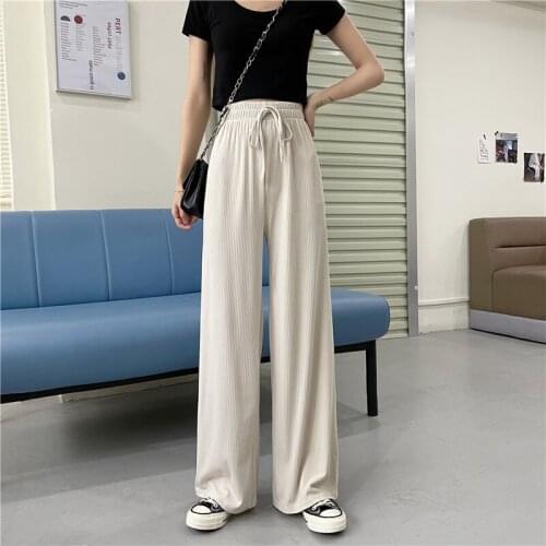 Women Summer White Wide Leg Pants High Waist Thin Loose Straight Leg Pants Spring Vintage Casual Elastic Waist Long Pants Female