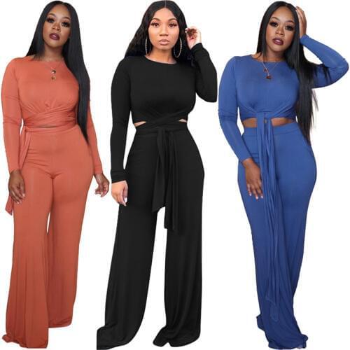 Women Casual Two Pieces Sets Soft Long Sleeve Bandage Tops + Pockets Wide Leg Long Pants Solid 2 Pieces Set Feminino Suits