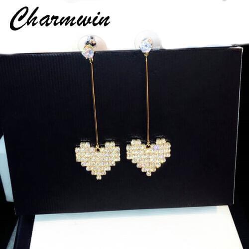 Charmwin Long Earrings New Fashion Zircon Rhinestone Heart Earrings Gold & Silve Color Dangle Earrings Women Jewelry PE1551