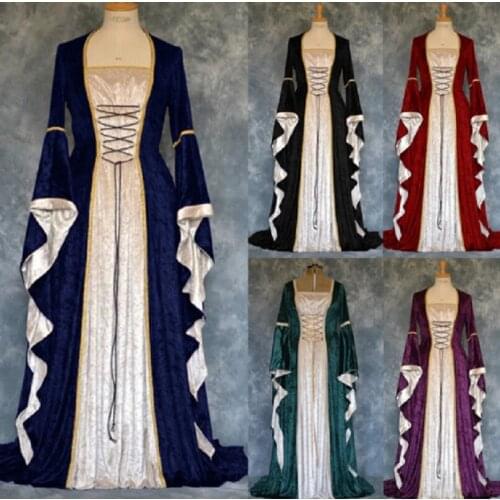 Halloween Women European Medieval Retro Court Princress Cosplay Costume Long Dress Elegant Witch Square Collar Masquerade Wear