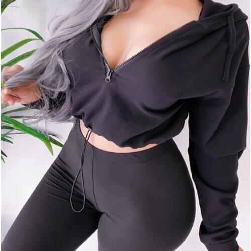 Women Sweatshirt With Hat Slim Long Sleeve Fashion Zipper Sexy V-Neck Hooded Pullover Solid Color Autumn Drawstring Hooded Top