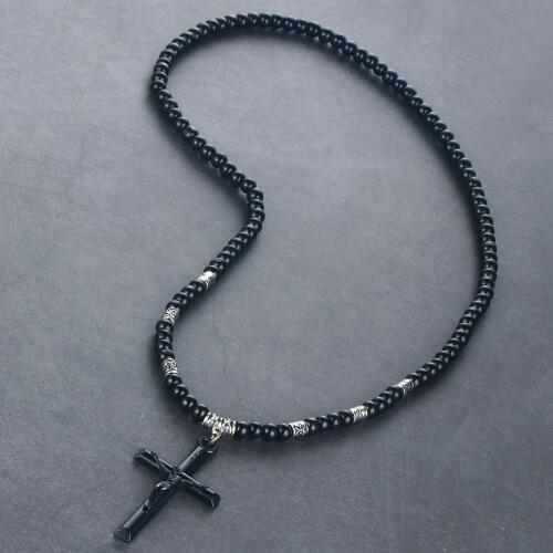 Womens Leather Cord Necklace Religious Jewelry Jesus Cross INRI Pendant Stone Beads Chain Statement Necklaces for Men Gift CN06