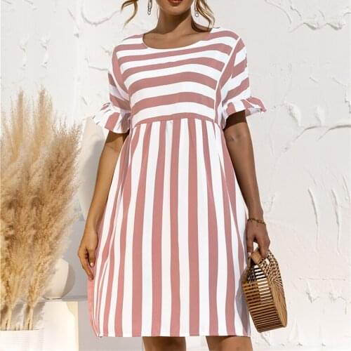 Women Summer Dress Sexy Striped O Neck Ruffled Stitching A-line Party Dress Pocket Casual Loose Solid Woman Elegant Sundresses