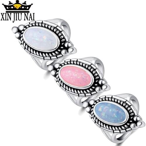 European Retro Geometric Women Thai silver Ring with Big Stone White/Pink/Blue Opal Ring Fashion Women Party Jewelry Gifts