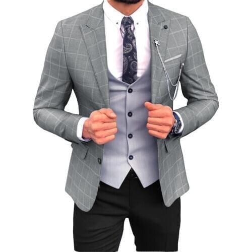 2019 Casual Mens Suits Regular Fit Prom Tuxedos Plaid Wool 3 Piece Solid Notch Lapel Suit for Wedding Grooms(Blazer+vest+Pants)