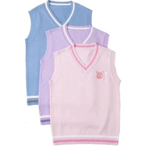 2019 Japanese Womens Cute Knitted Vest Cotton School Girls Uniform Jk Sweet Sleeveless Sweater Blue Purple Pink Rabbitand Pig
