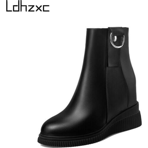 LDHZXC Genuine Leather Platform Boots Women Ankle Boots for Winter Warm Height Increasing Boots Female Shoes Black Botas Mujer