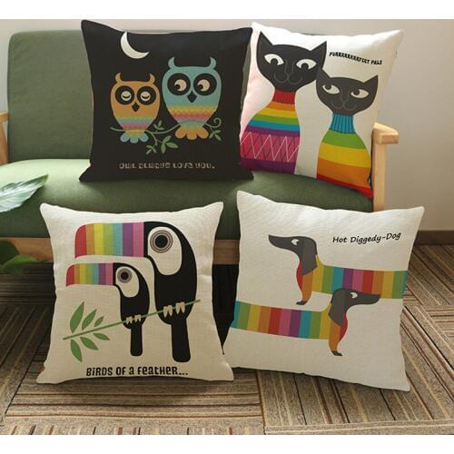 The Rainbow Color Animal Dachshund Toucan Owl And Cat Friends Pattern Pillow Case Home Car Office Sofa Decorative Cushion Cover