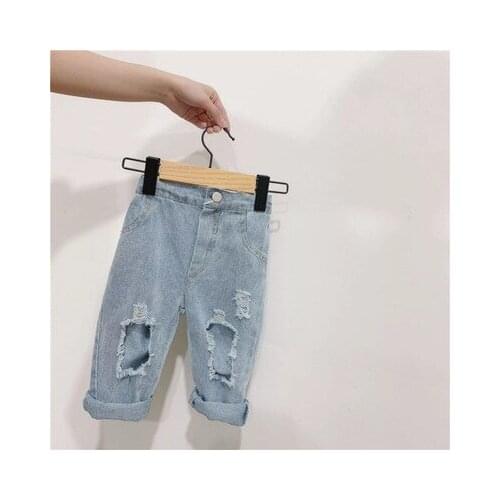 Childrens Korean Straight Ripped Pants Pocket Jeans 2021 Spring New Boys and Girls Cowboy Trousers Casual Jeans Childrens Wear