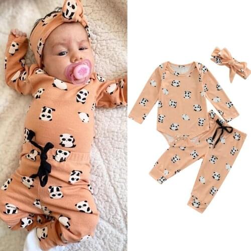 FOCUSNORM Autumn Toddler Baby Boys Girls Clothes Sets 3pcs Cartoon Panda Printed Long Sleeve Romper Pants Headband 0-24M