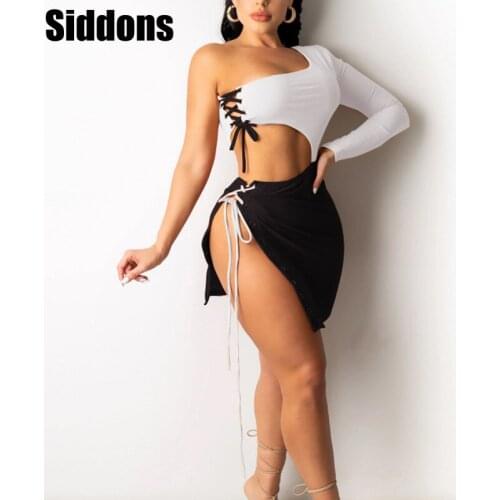 Summer Women One Shoulder Eyelet Lace-up Colorblock Slit Bodycon Dress Night Club Party Dress