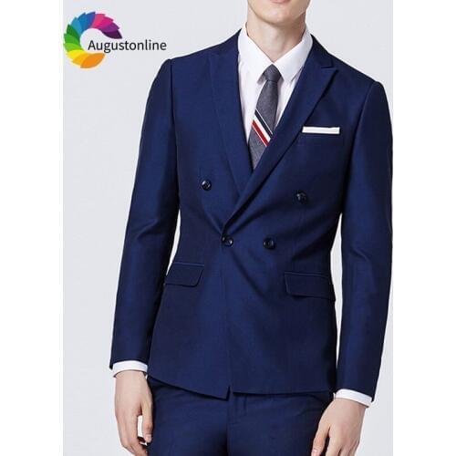 Custom Made Navy Blue Wedding Suits Men Double Breasted Peaked Lapel Groom Tuxedo Costume Homme Mens Classic Suits Pants 2Piece