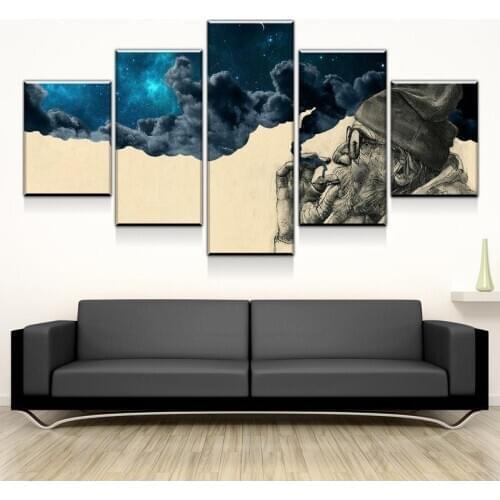 Wall Art Canvas Painting 5 Pieces Smoke and Miracle Old Beard Man Canvas Print Retro Wall Picture Modern Living Room Decor