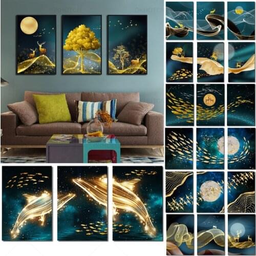 3 Fight New Chinese Style Rich Luxury Canvas Painting Gold Tree Elk Deer Bird Moon Fish Poster Wall Art Pictures Low Price Sale