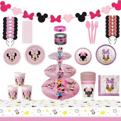 Disney Minnie Theme Disposable Party Tableware Childrens Birthday Party Decoration Pull Flag Baby Baptism Decoration Package