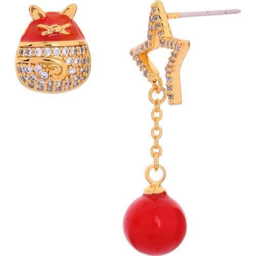 Red Fortune Cat Enamel Drop Earrings Acrylic Beads Asymmetrical Allergy Free For Women Fashion Jewelry Wholesale New