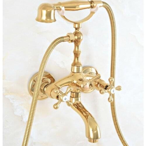 Luxury Gold Color Brass Wall Mounted Dual Cross Handles Bathroom Tub Faucet with Hand Held Shower Sprayer zna808