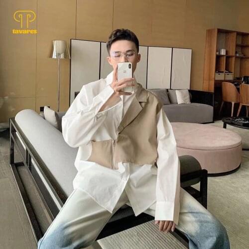 TAVARES Men Casual Shirts Silk Long Sleeve Fake Two Shirt Oversized Vintage Harajuku Black White Shirt