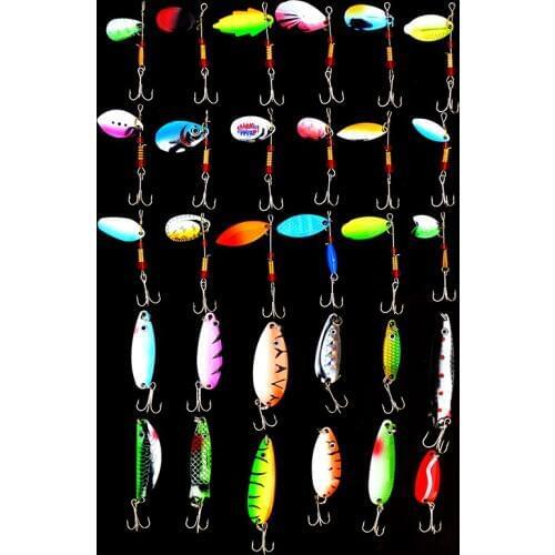 Fishing Spinnerbait Lures 30pcs/set Mixed Size Metal Fishing Spoon Spinners with Treble Hooks Salmon Trout Artificial Bait