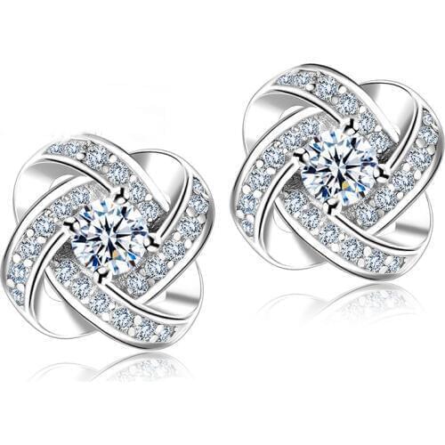 Cubic Zirconia CZ Crystal 925 Sterling Silver Knot Flower Stud Earrings for Women Brincos Bijoux Wedding Jewelry