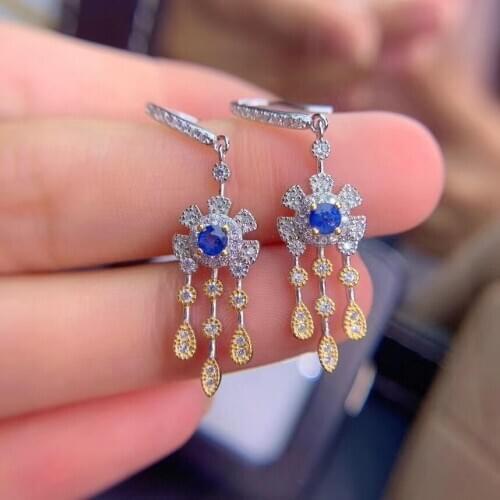 Natural blue sapphire gem drop earrings 925 silver natural gemstone earrings Fashion Sun flower Tassels women party gift jewelry