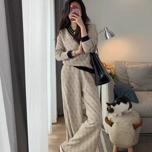Womens Elegant Knitting Pant Sets Autumn Winter Casual Comfortable V Neck Pullovers Sweater Top + Wide Leg Long Pants Jumpers