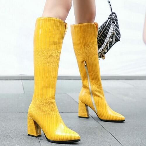 2020 New Women Knee High Boots Pointed Toe Zipper Fashion Ladies Long Boots PU Leather Winter Shoes Thick High Heel Female Boots