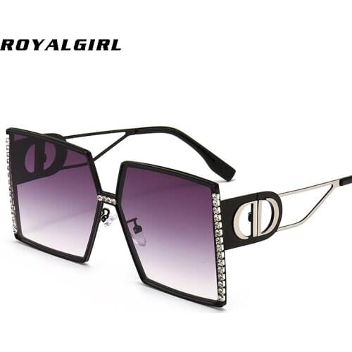 ROYAL GIRL Oversized Square Frame Sunglasses Women Diamond Vintage Square Oversized Frame Popular Fashion Glasses ss484