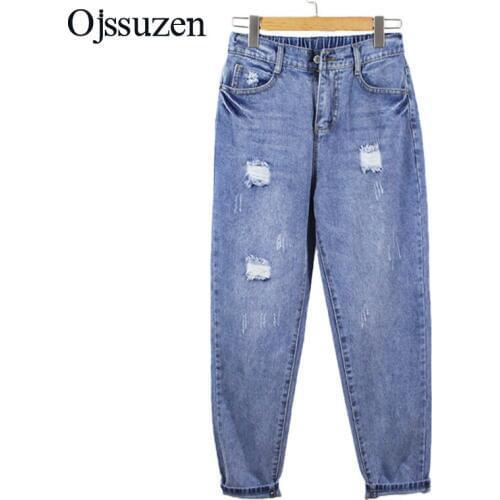 Blue Jeans Woman Plus Size Boyfriend Loose Large Size Female Jeans Elastic Waist Ankle Length Denim Jeans Womens